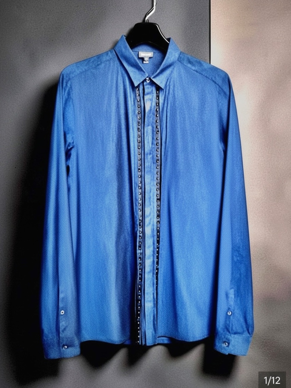 Just Cavalli Men’s Shirt | Blue |  Studded Front Detail | Rock Star | Italy